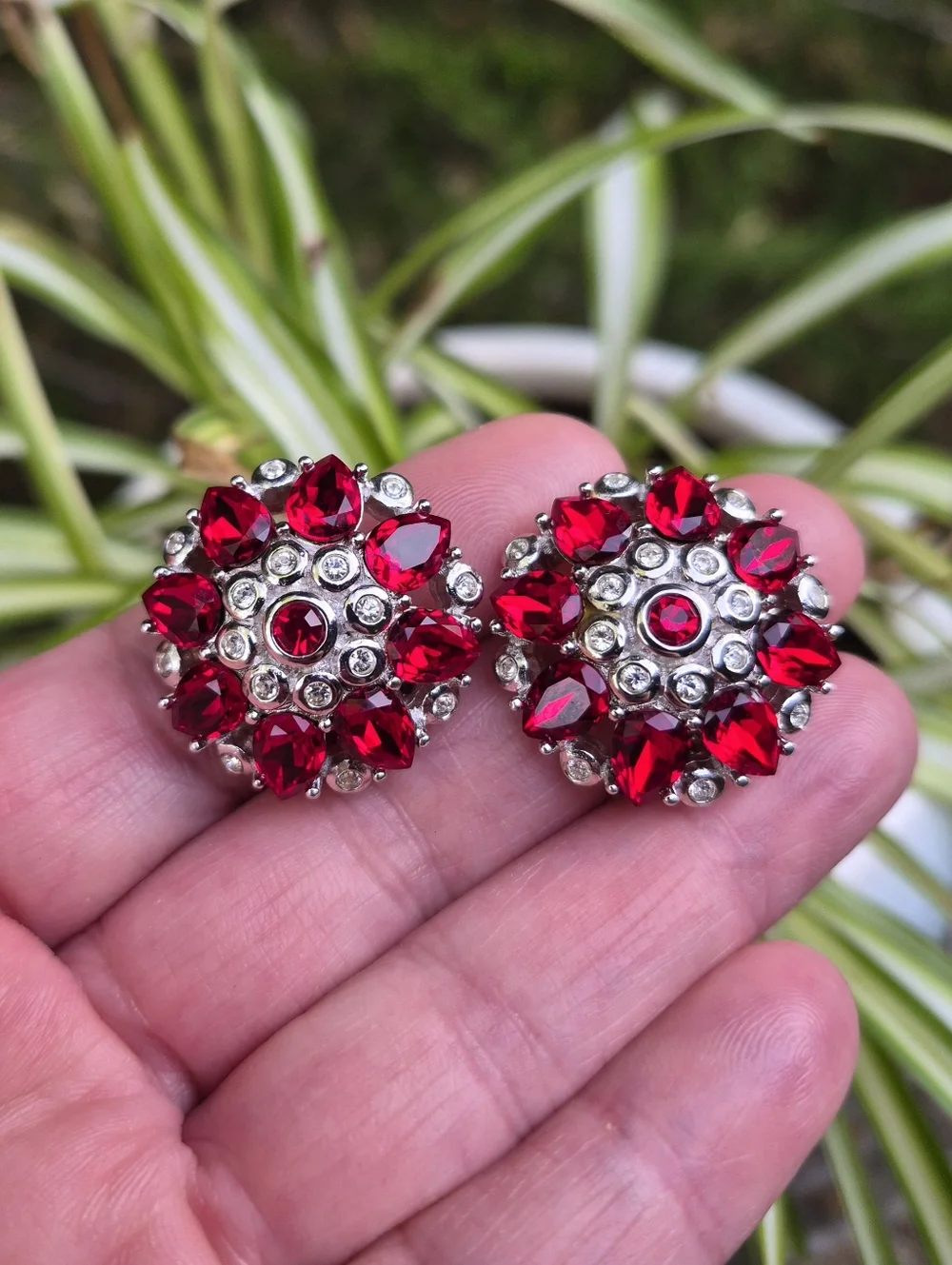 Vintage Christian Dior Large Red Rhinestone Clear Crystal Clip On Earrings - Picture 3 of 7